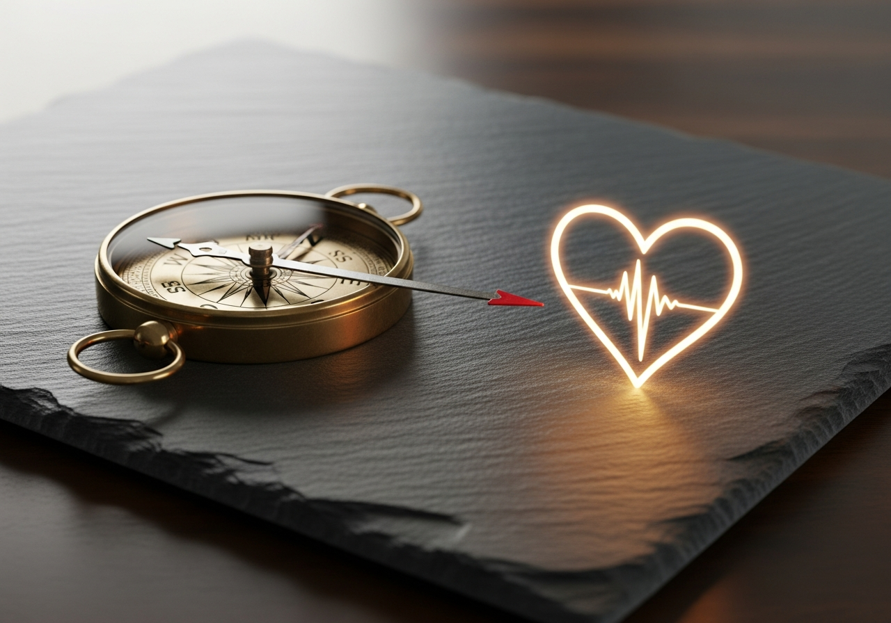 Conceptual image of a compass pointing towards a balanced heart, symbolizing emotional navigation