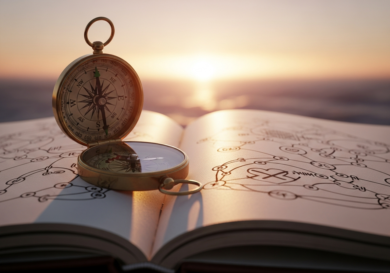 Compass pointing towards a glowing horizon on a journal